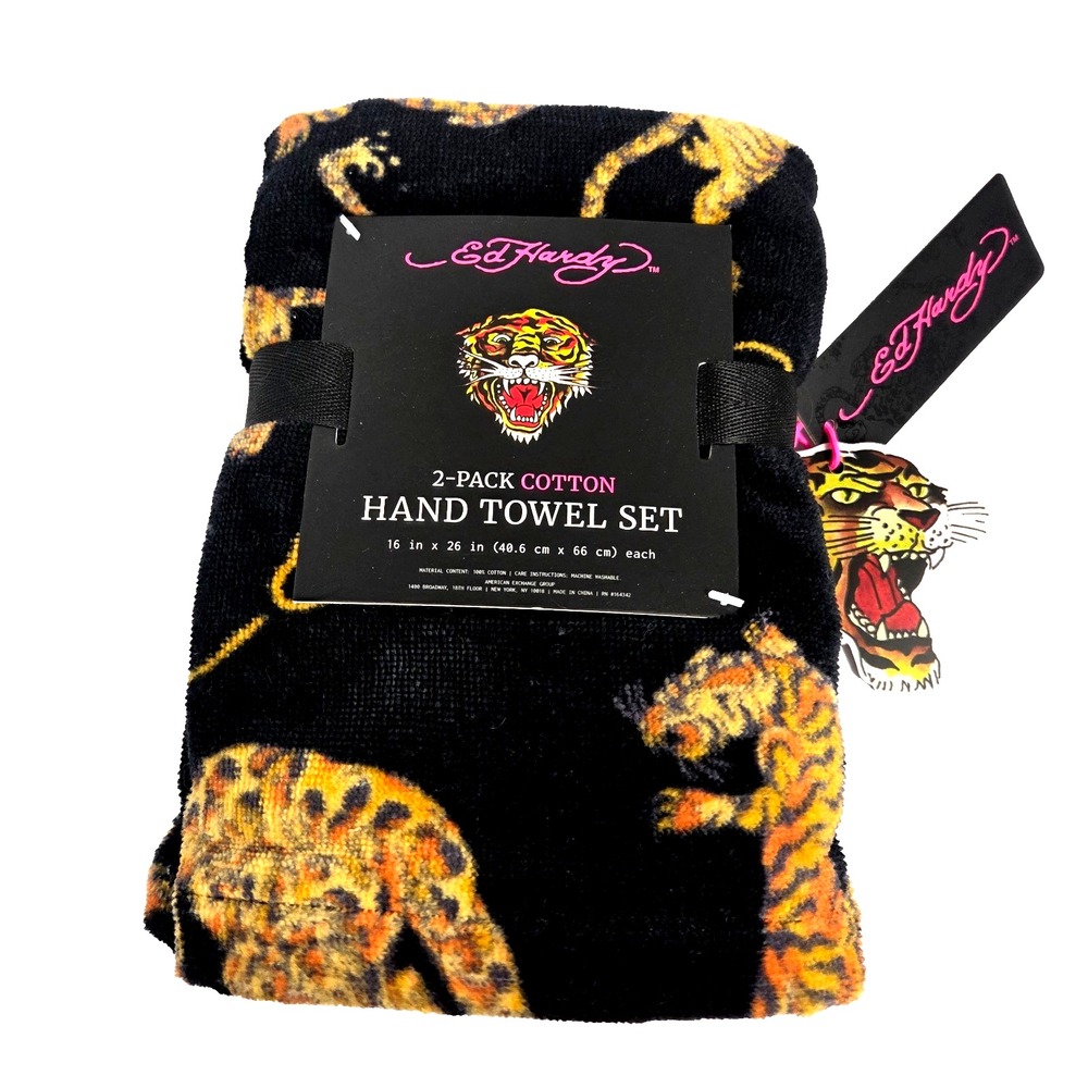 Ed Hardy Hand Towels 2 Pack 16x26 Black Tiger Tattoo 100% Cotton NWT Y2K Decor